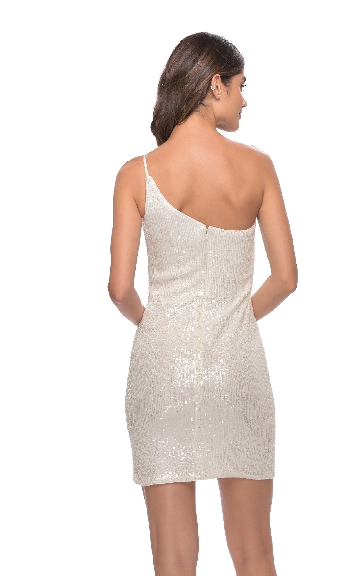 A woman is seen from behind wearing the Sequin One-Shoulder Homecoming Dress by La Femme in white.